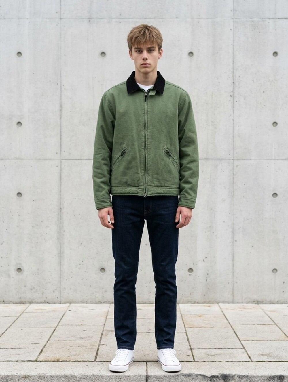 vintage green J.Crew 90's canvas work jacket with a black corduroy collar M